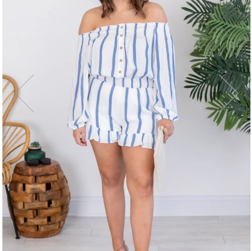 PINK LILY blue and white striped off the shoulder romper size medium